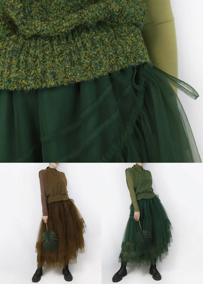 French Blackish Green Cinched Tulle Patchwork Knitted Cotton Dresses Sleeveless