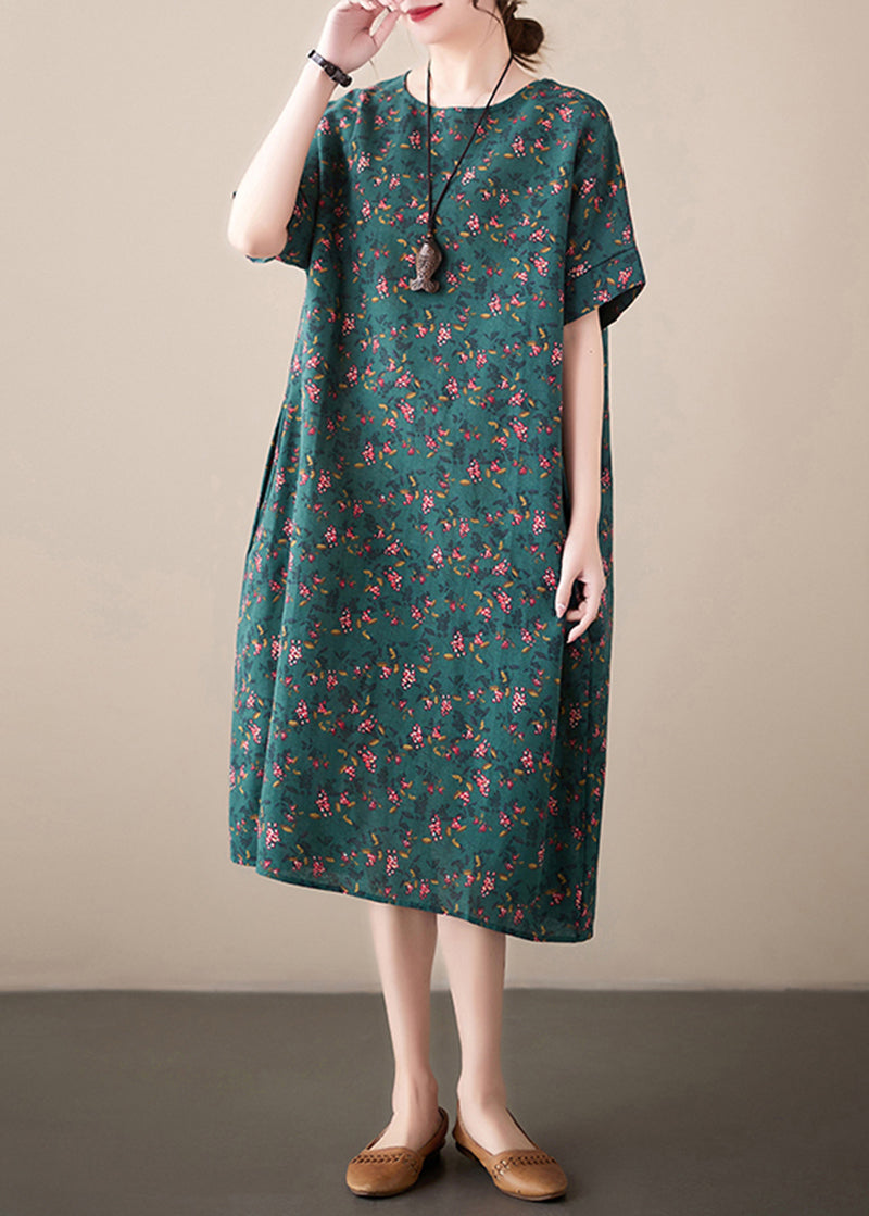 French Blackish Green O-neck Print Linen Dresses Summer
