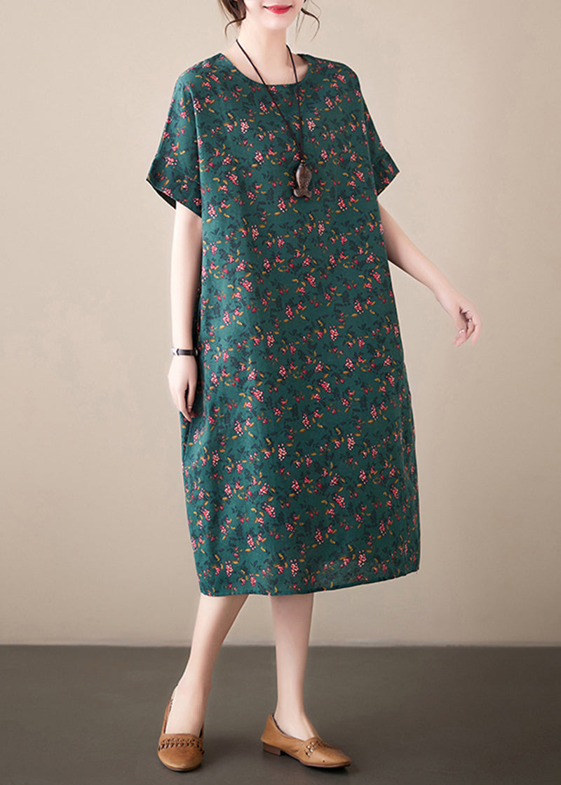 French Blackish Green O-neck Print Linen Dresses Summer