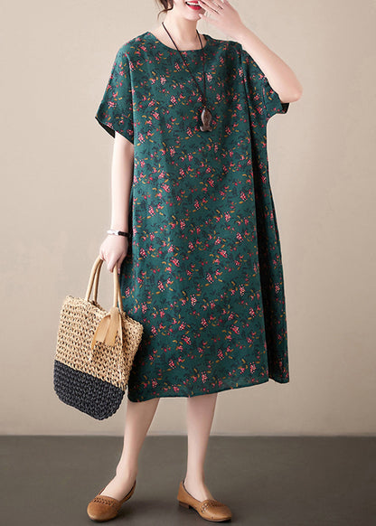 French Blackish Green O-neck Print Linen Dresses Summer