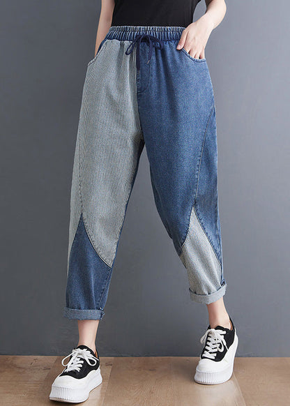 French Blue Asymmetrical Patchwork Drawstring Elastic Waist Denim Crop Pants Spring