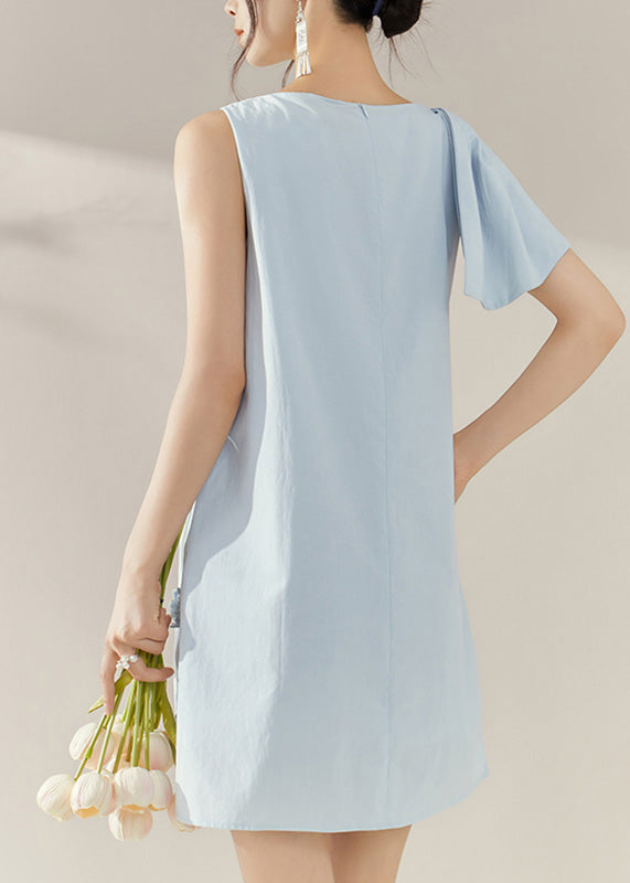 French Blue Asymmetrical Wrinkled Nail Bead Mid Dresses Sleeveless