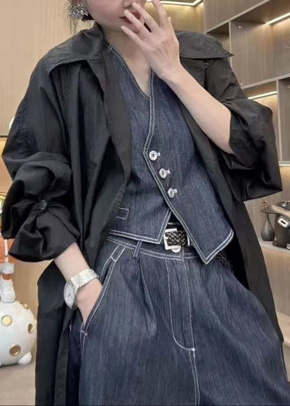 French Blue Button Waistcoat and Pants Denim Two Pieces Set Sleeveless