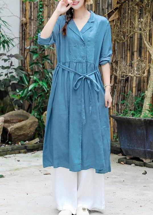 French Blue Clothes for Notched Tie Waist Robe Spring Dress