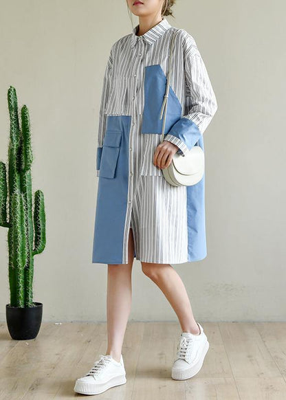 French Blue Cotton Dress Striped Patchwork Dress