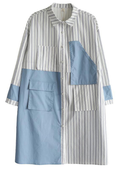 French Blue Cotton Dress Striped Patchwork Dress