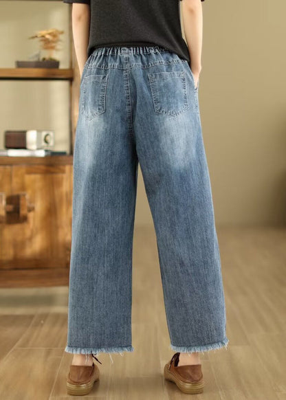 French Blue Embroidered Elastic Waist Denim Crop Pants Summer