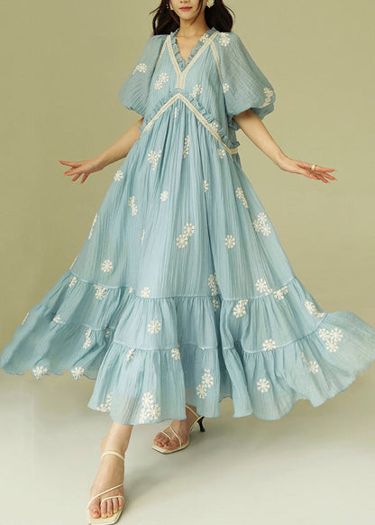French Blue Embroidered Ruffled Cotton Maxi Dresses Puff Sleeve