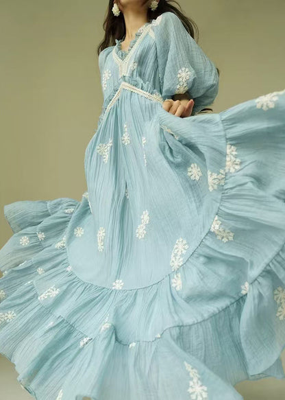 French Blue Embroidered Ruffled Cotton Maxi Dresses Puff Sleeve
