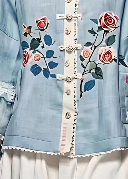 French Blue Hollow Out Button Coats Fall