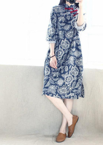 French Blue Folk Style Quilting Dresses Stand Collar Side Open Maxi Dresses