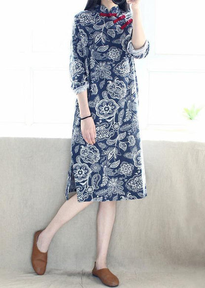French Blue Folk Style Quilting Dresses Stand Collar Side Open Maxi Dresses
