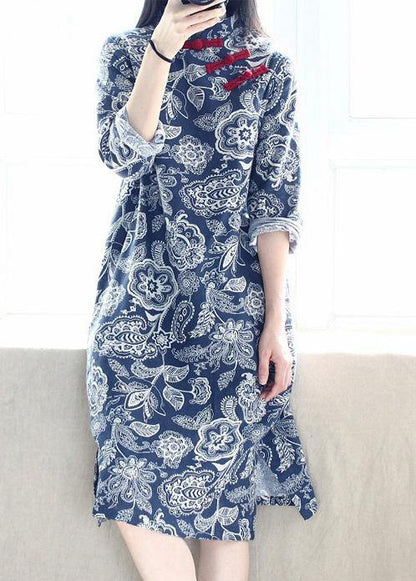 French Blue Folk Style Quilting Dresses Stand Collar Side Open Maxi Dresses