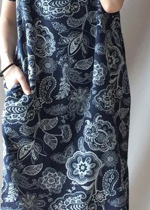 French Blue Folk Style Quilting Dresses Stand Collar Side Open Maxi Dresses