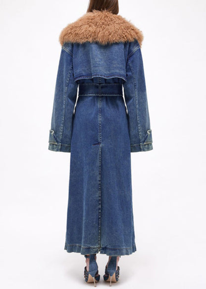 French Blue Fur Collar Tie Waist Denim Long Coats Spring