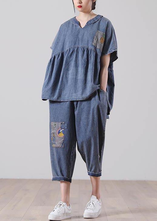 French Blue Half Sleeve Cotton Loose Summer Two Pieces Set