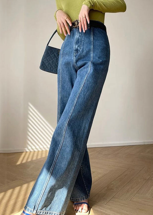 French Blue Hig Waist Patchwork Denim Pants Fall