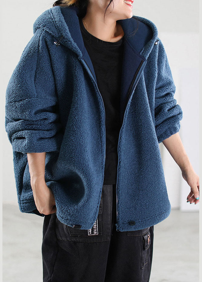 French Blue Hooded Drawstring Faux Fur Jackets Winter