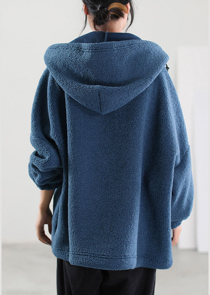 French Blue Hooded Drawstring Faux Fur Jackets Winter