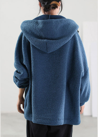 French Blue Hooded Drawstring Faux Fur Jackets Winter