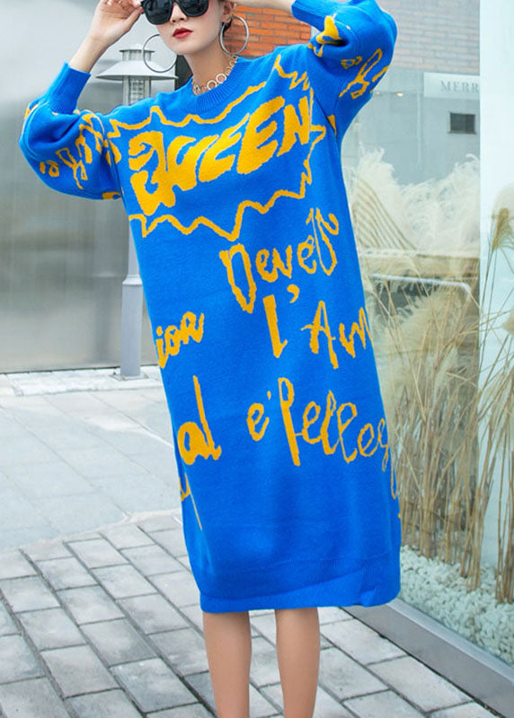 French Blue Loose O-neck Knit Fall Sweater Dress