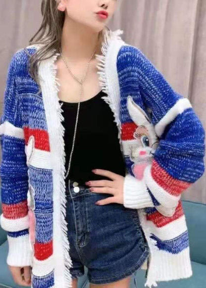 French Blue Loose Patchwork Fall Knit Sweater Cardigans