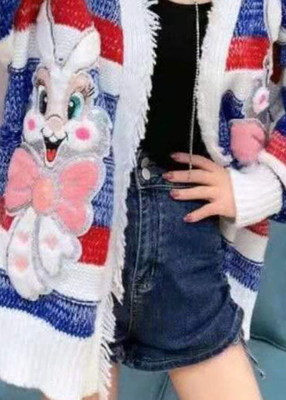 French Blue Loose Patchwork Fall Knit Sweater Cardigans