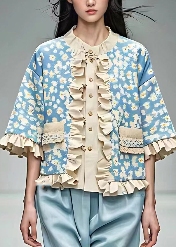 French Blue O-nec Print Ruffled Shirt Tops Summer