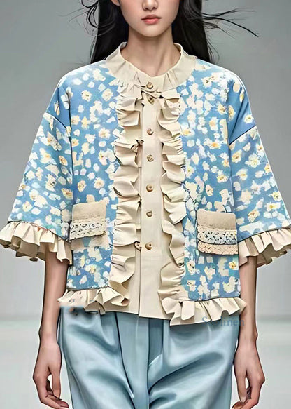 French Blue O-nec Print Ruffled Shirt Tops Summer