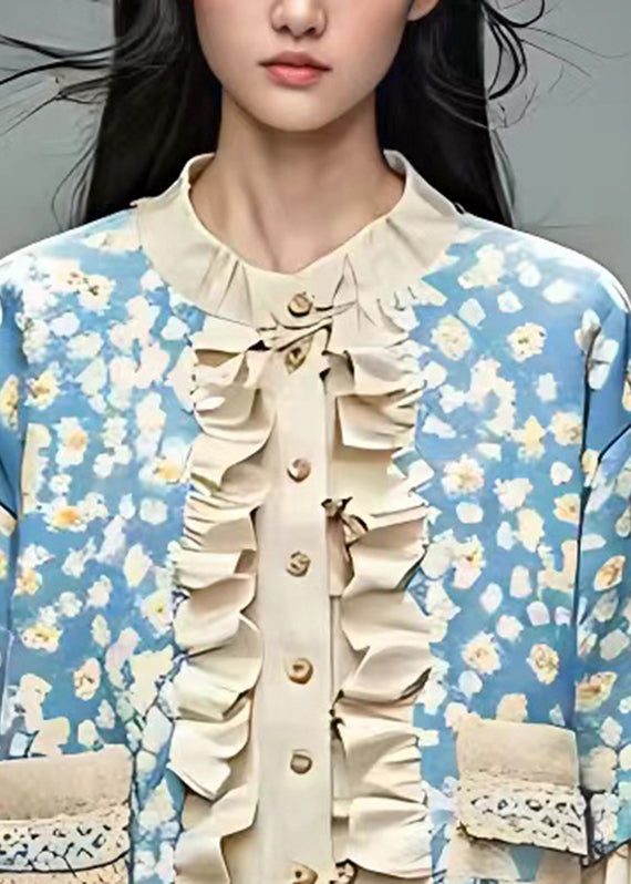 French Blue O-nec Print Ruffled Shirt Tops Summer