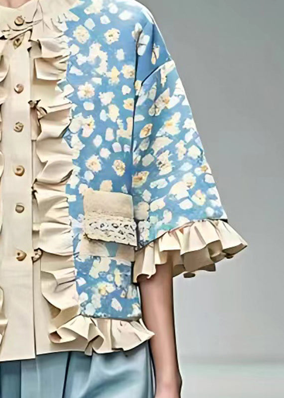 French Blue O-nec Print Ruffled Shirt Tops Summer