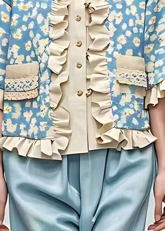 French Blue O-nec Print Ruffled Shirt Tops Summer