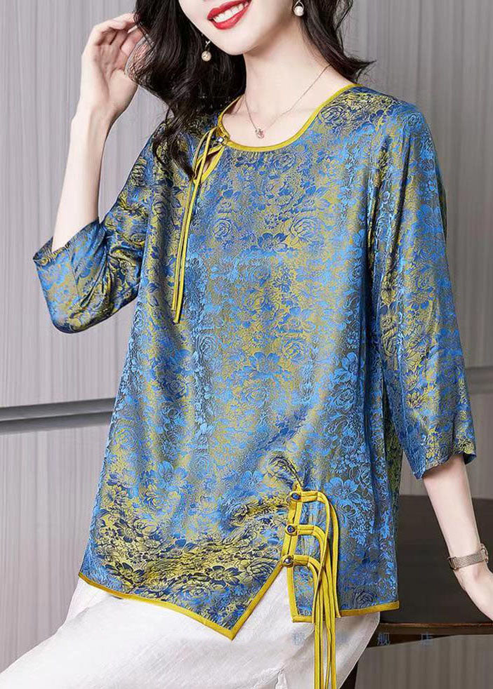 French Blue O-neck Asymmetrical Jacquard Silk Top Half Sleeve