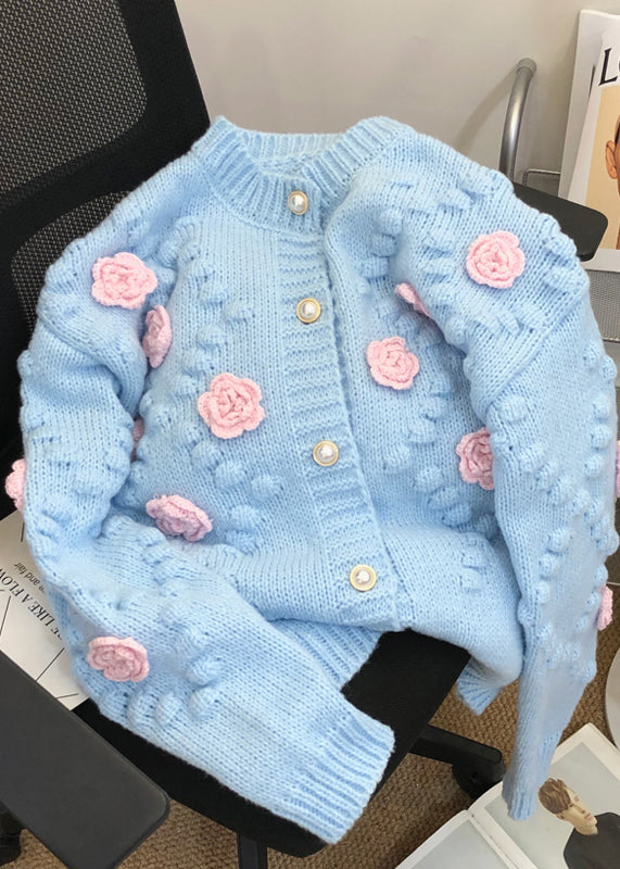French Blue O Neck Patchwork Knit Cardigans Fall