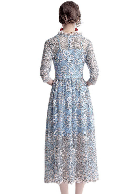 French Blue O-neck Hollow Out Lace Cinch Dresses Half Sleeve
