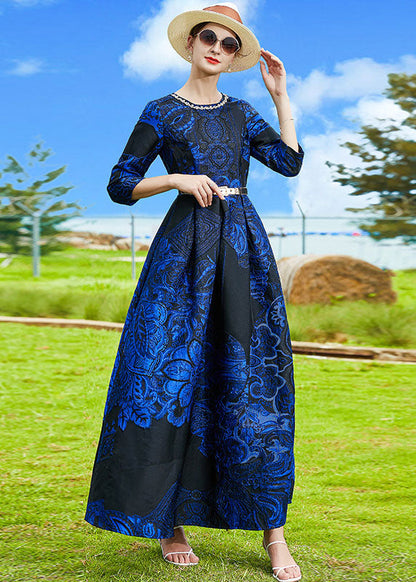French Blue O-neck Jacquard Sashes Long Dresses Bracelet Sleeve
