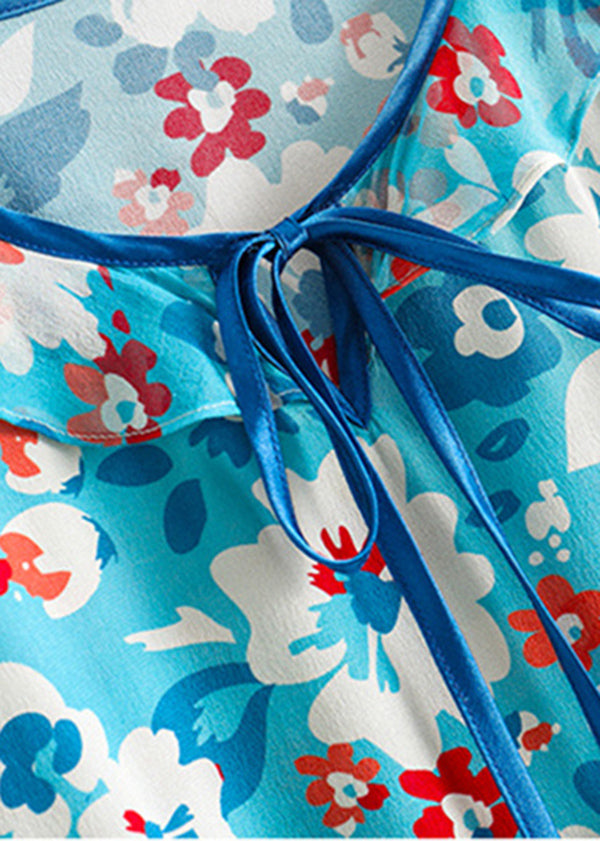 French Blue O-neck Lace Up Print Silk Beach Dress Short Sleeve
