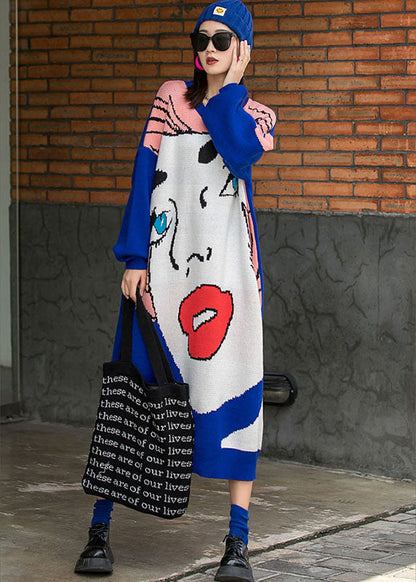 French Blue O-neck Loose Fall Knit Long Dresses Long Sleeve