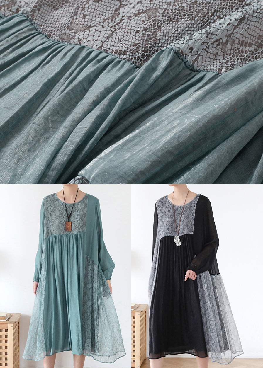 French Blue O-neck Patchwork Chiffon Vacation Dress Long Sleeve