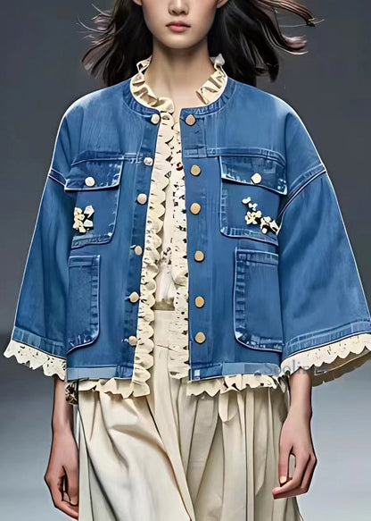 French Blue O-neck Patchwork Hollow Out Coats Fall