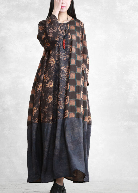 French Blue O-neck Pockets Patchwork Long Dresses Long Sleeve