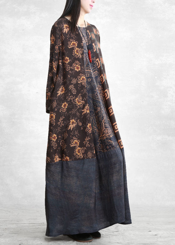 French Blue O-neck Pockets Patchwork Long Dresses Long Sleeve