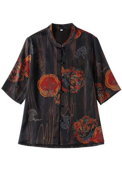 French Blue O-neck Print Button Silk Shirt Tops Half Sleeve