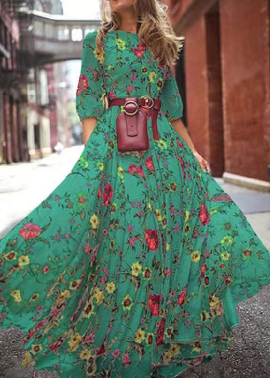 French Blue O-neck Print Chiffon Long Dresses Half Sleeve