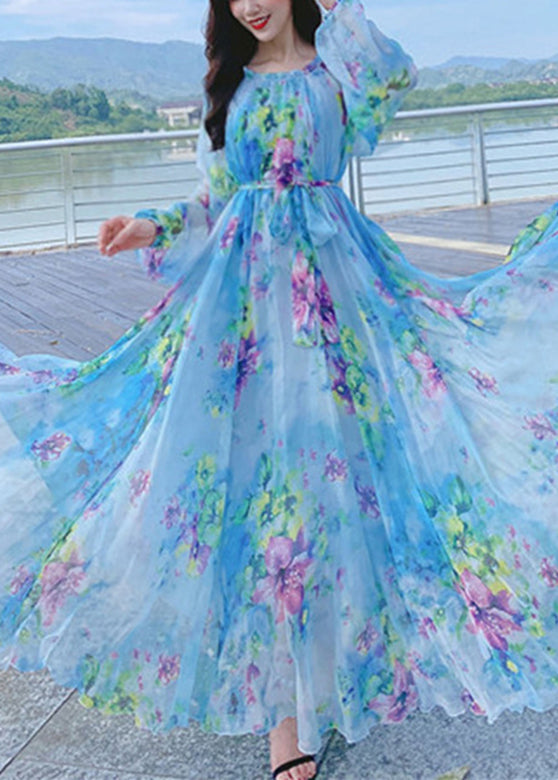 French Blue O-neck Print Chiffon Long Holiday Dress Spring