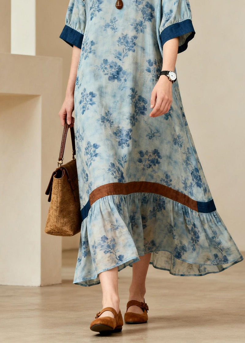 French Blue O Neck Print Hollow Out Cotton Maxi Dresses Summer