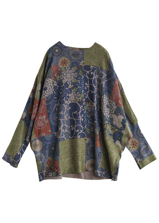 French Blue O-neck Print Loose Fall Sweater