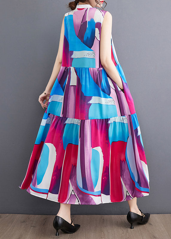 French Blue O-neck Print Patchwork Wrinkled Chiffon Maxi Dresses Summer