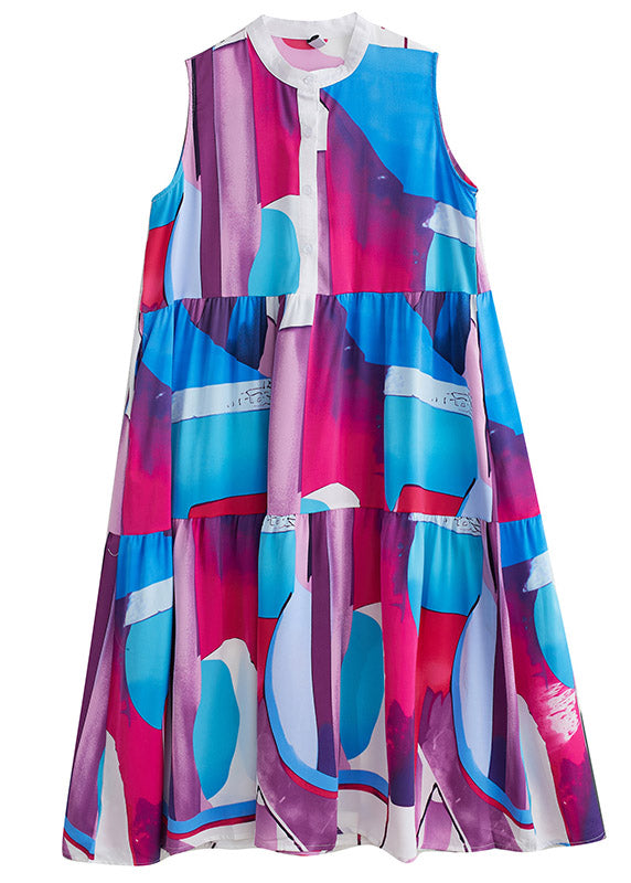 French Blue O-neck Print Patchwork Wrinkled Chiffon Maxi Dresses Summer