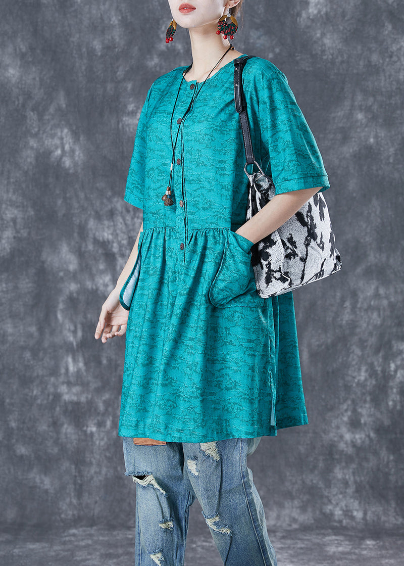 French Blue O-neck Print Pockets Cotton Holiday Dress Summer